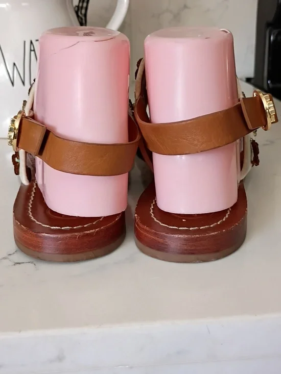 TORY BURCH Handcrafted Brown Leather Slide Sandals with Blue Embroidered Flower - Picture 4 of 12